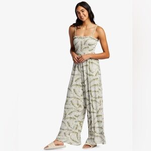 Roxy NWT Straight To Romantic Smocked Wide Leg Jumpsuit Green Palms Leaf size L